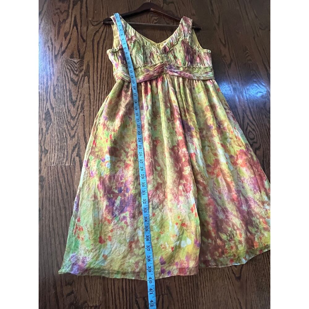Sundance 100% Silk Dress 10 Watercolor Floral Green Pink Fit Flare Midi V-Neck - Picture 5 of 8